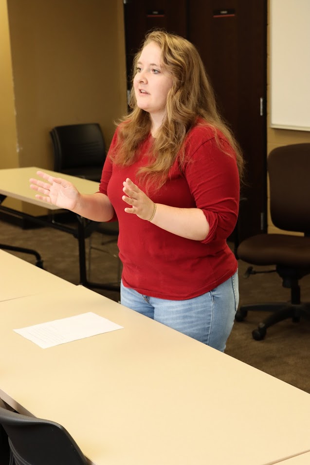 Rutledge Honorary History Club President Breanna Edmiston talks about the club's plans for the 2022-2023 school year at the club's fall plenary meeting on November 14, 2022.