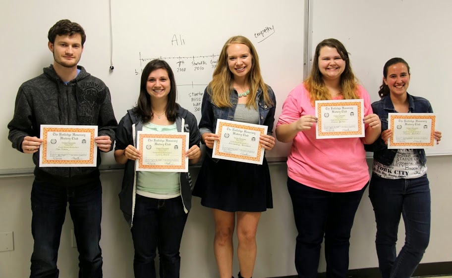 The new members of the Rutledge Honorary History Club proudly display their certificates of membership following the club's initiation ceremony on April 14, 2015. They are: (left to right) Peter McDaniel, Lydia Black, Alexandria Renckens, Jessica Barton, and Joanna Butcher.
