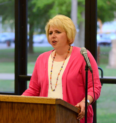 Chancellor Carma Dennis McGee expresses gratitude to the history department after receiving the History Alumni Distinguished Achievement Award at the department's awards banquet on April 30, 2015.  Photo by Emily Stookey