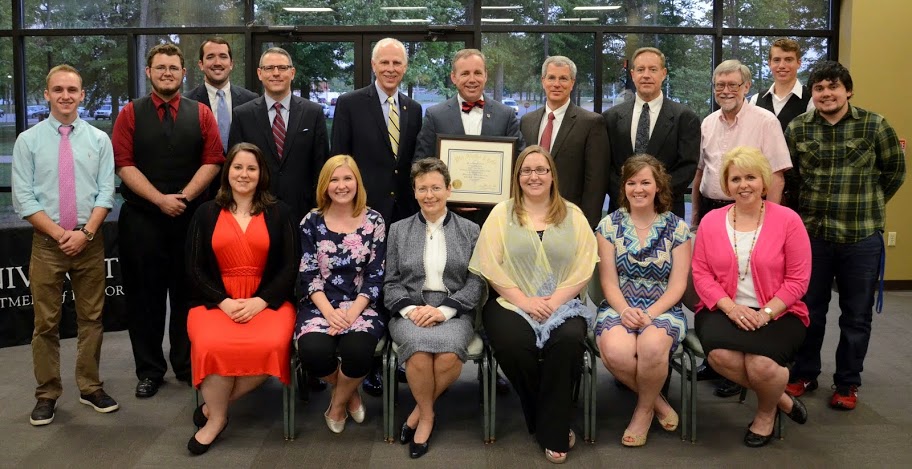 Delta-Psi chapter members join together for a photo following the presentation of a Phi Alpha Theta membership to Union University President Dr. Samuel W. 'Dub' Oliver (holding certificate) at the History Department Awards Banquet on April 30, 2015.