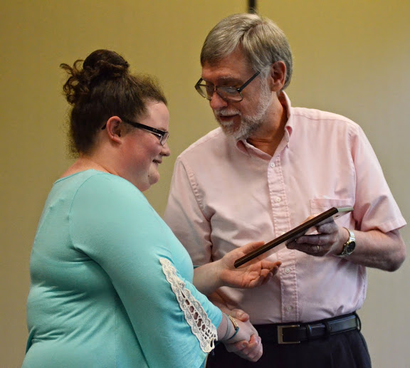 Shelby Pace accepts the History Student Teacher Award from Dr. Terry Lindley at the history awards banquet on April 30, 2015.  Photo by Emily Stookey