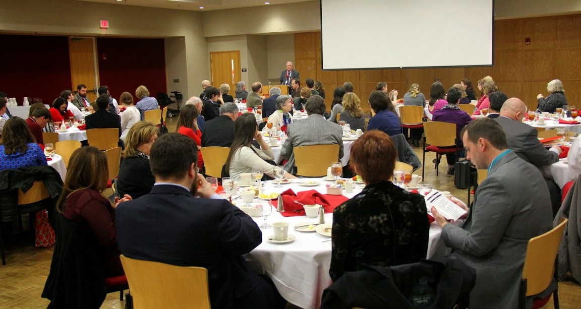 Attendees at the Phi Alpha Theta regional conference luncheon at Austin Peay State University on February 28, 2015, listen to Dr. Graydon Tunstall deliver his keynote address on The Origins of the Middle East Problems.