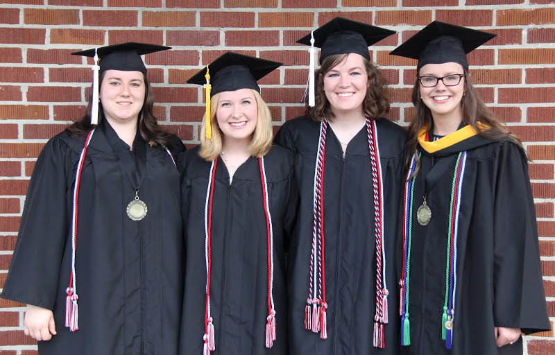 Graduating Phi Alpha Theta members get ready for Union's spring graduation on May 16, 2015. They are: (left to right) Faith Bagley, Hannah Jones, Sarah Carroll, and Bree McCuin.