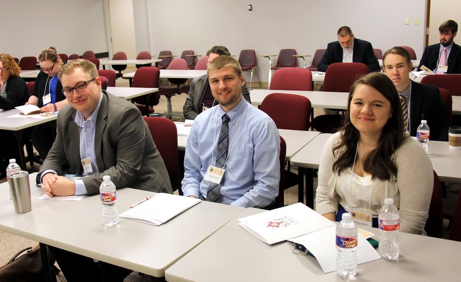 Seth Harden (left to right) of the University of Memphis, David Gregory of Cumberland University, and Jordan Sellers of Union University wait for the start of their panel on Early America: Puritans, Native Americans, and Irish Immigrants at the Tennessee Phi Alpha Theta Regional Conference on April 2, 2016.