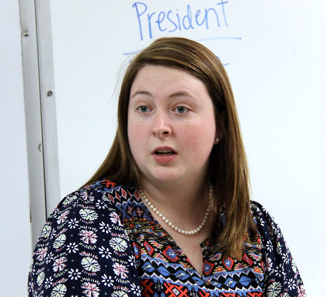 Rutledge Honorary History Club President Kathryn Mitchell presides at the club's spring plenary meeting on April 5, 2016.