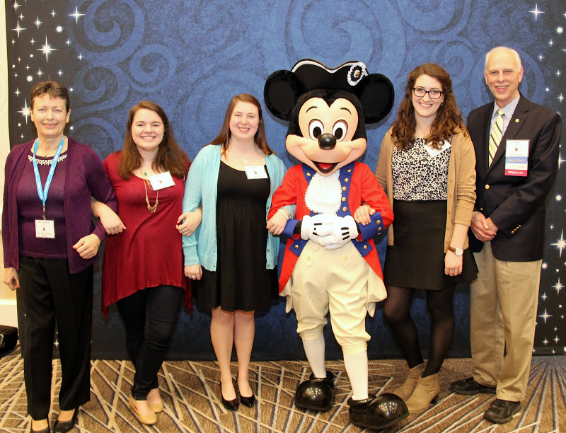 Members of Union University's delegation at the 2016 Phi Alpha Theta Biennial Convention in Orlando, Florida, stand with Mickey Mouse at the opening reception on January 6. They are (left to right) Dr. Alice-Catherine Carls, Jordan Sellers, Kathryn Mitchell, Olivia Winters, and Dr. Stephen Carls.