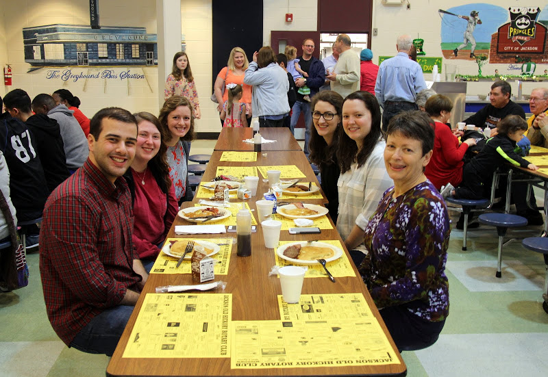 Phi Alpha Theta members get ready to enjoy breakfast at the Jackson Old Hickory Rotary Club Pancake Breakfast at Andrew Jackson Elementary School on March 12, 2016. They are (starting on the left, going clockwise) Allen Bradley, Kathryn Mitchell, Beth Adams, Olivia Winters, Lauren Geary, and Dr. Alice-Catherine Carls.
