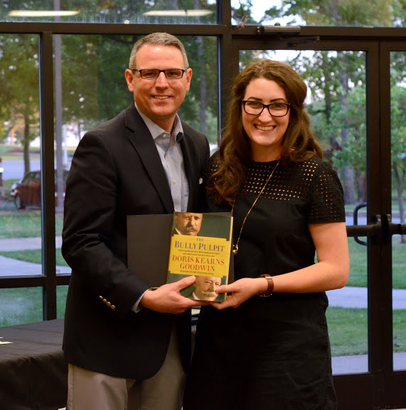 Dr. Keith Bates presents a certificate of commendation and a book to Olivia Winters at the history awards banquet on May 5, 2016, for the excellent paper that she presented at the Tennessee Phi Alpha Theta Regional Conference on April 2. Photo by MiKalla Cotton