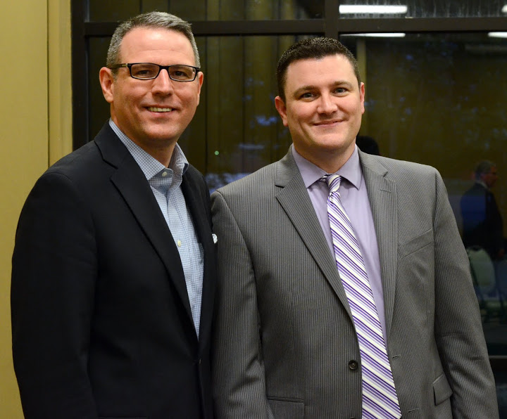 Dr. Keith Bates (left) and J. Jason Williams, winner of the 2016 History Alumni Distinguished Achievement Award, stand together following the history awards banquet on May 5, 2016. They were classmates at Union University in the 1990s. Photo by MiKalla Cotton