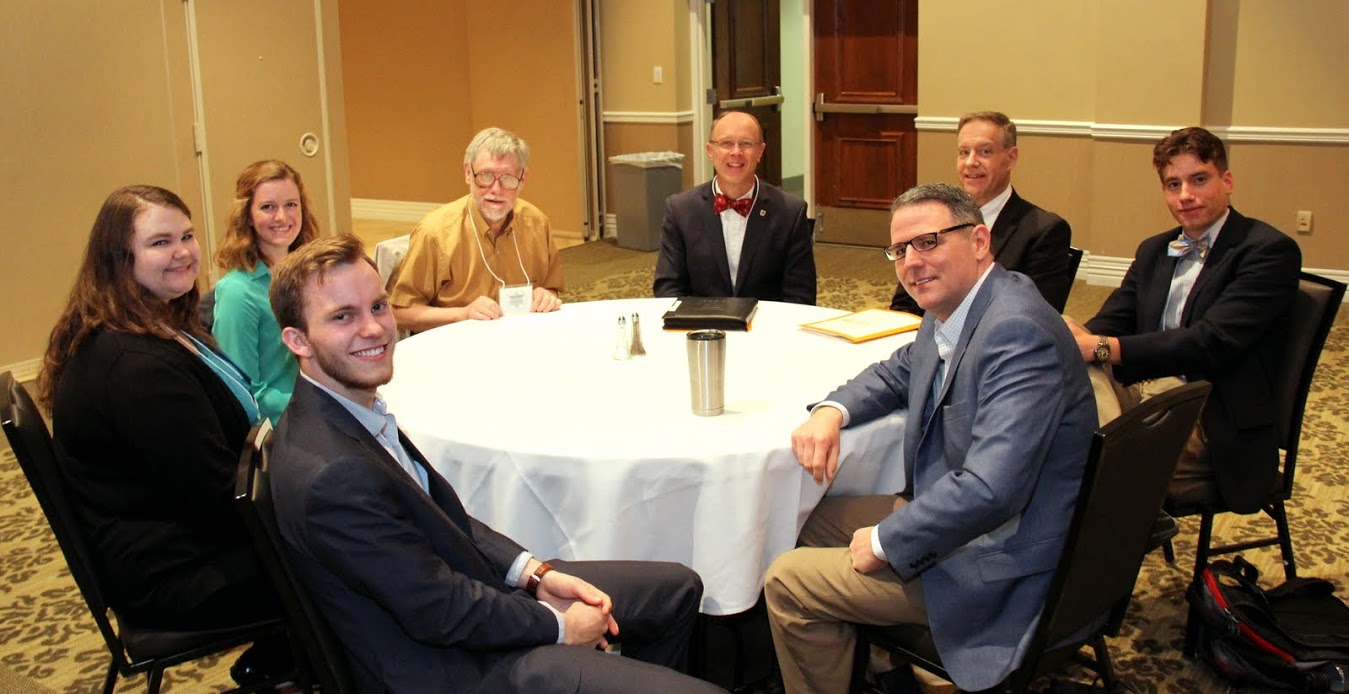 Members of the Union University group at the Phi Alpha Theta regional conference wait for the luncheon to begin on April 1, 2017. They are (starting on the front left and going clockwise) Seth Reid, Jessica Barton, Beth Adams, Dr. Terry Lindley, Robert Briley, Dr. Henry Allen, Stephen Lewoczko, and Dr. Keith Bates.