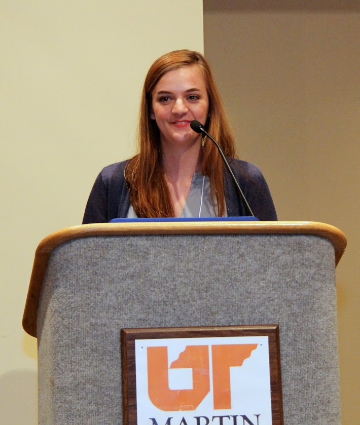 Alpha-Delta-Delta Chapter President Georgia Brown introduces Dr. Stephen Carls at the Phi Alpha Theta regional conference at UT Martin on April 1, 2017.