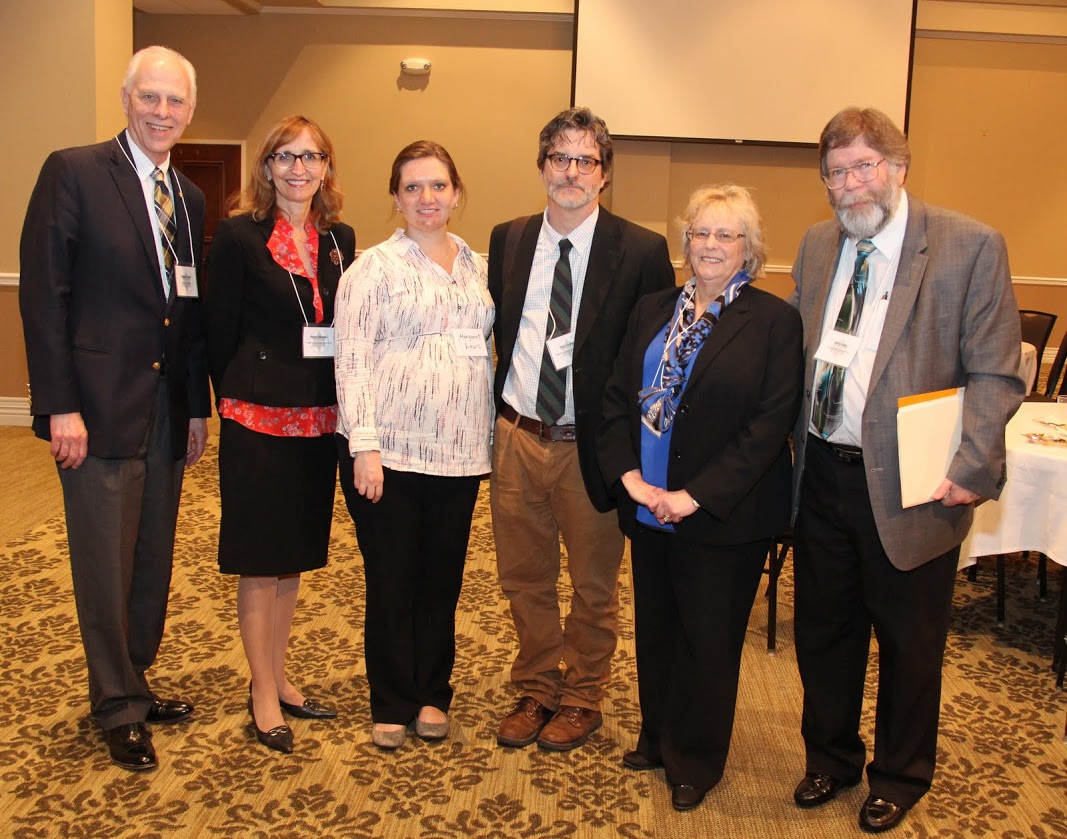 Phi Alpha Theta faculty representatives meet after the society's conference luncheon at UT Martin on April 1, 2017. They are (left to right) Dr. Stephen Carls (Union University), Dr. Minoa Uffelman (Austin Peay State University), Dr. Margaret Lewis (University of Tennessee at Martin), Dr. Ken Vickers (Martin Methodist College), Professor Cindy Bisson (Belmont University), and Dr. Jerry Gaw (LIpscomb University).