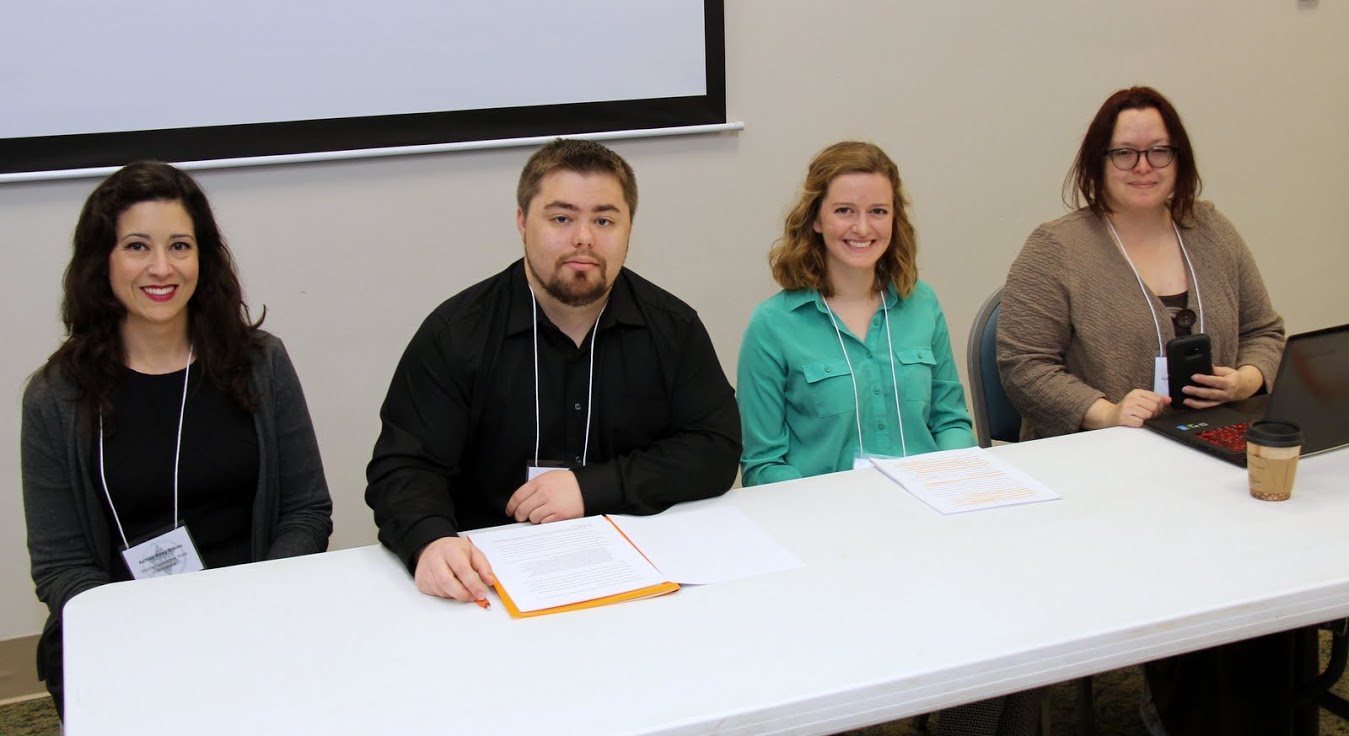 Beth Adams (second from right) sits with members of her panel on American Frontiers at the Phi Alpha Theta regional conference on April 1, 2017. Other panel members (left to right) are Dr. Ashley Riley Sousa (the panel chair), Nicholas Lambing, and Sherry Teal.