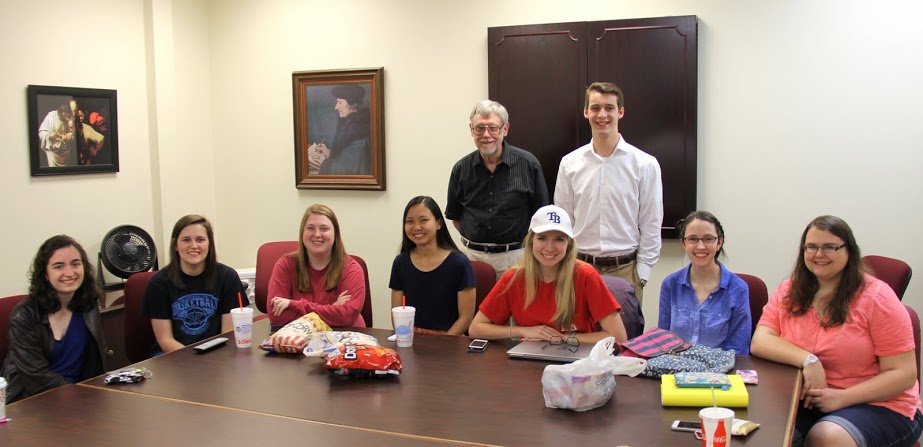 Rutledge Honorary History Club members join together for a photo at the club's spring movie night on April 20, 2017. They are: (sitting, left to right) Leah Adkins, Haley Hathcock, Kathryn Mitchell, Katherine Cheshire, Ali Renckens, Lauren Butler, and Jessica Barton; standing behind them are Dr. Terry Lindley (left) and Jonathan Greer.