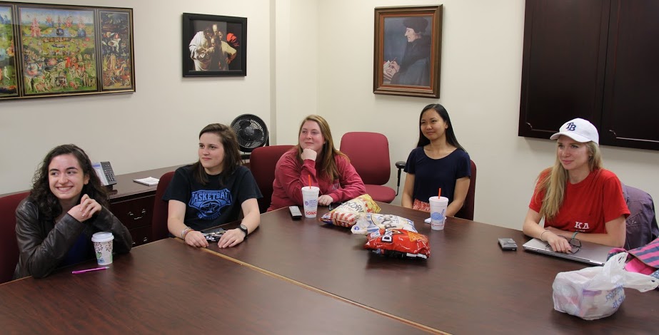 History club members watch the film Bridge of Spies on April 20, 2017. They are (left to right) Leah Adkins, Haley Hathcock, Kathryn Mitchell, Katherine Cheshire, and Ali Renckens.