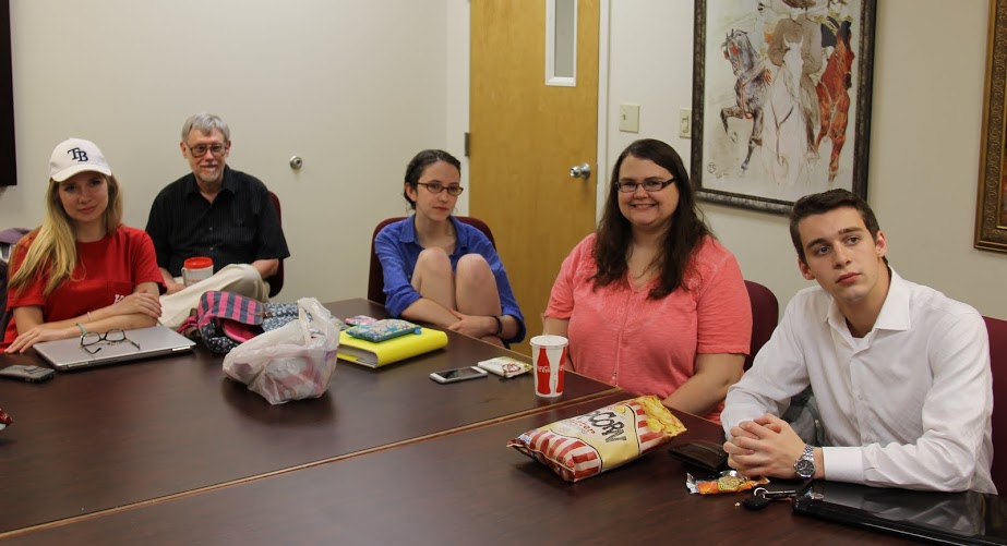 History club members watch the film Bridge of Spies on April 20, 2017. They are (left to right) Ali Renckens, Dr. Terry Lindley, Lauren Butler, Jessica Barton, and Jonathan Greer.