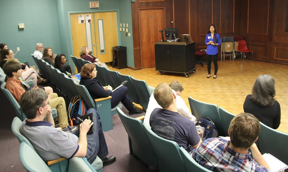 Katherine Cheshire listens to an audience member pose a question after her talk on A Quantitative Analysis Concerning Race Relations at the Union University Scholarship Symposium on April 25, 2017.