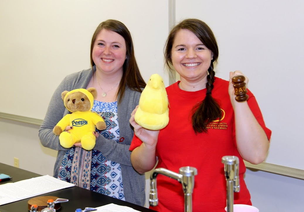 Phi Alpha Theta chapter Vice President Kathryn Mitchell (left) and President Jordan Sellers hold Delta-Psi chapter-related items prior to the society's plenary meeting on February 20, 2017.