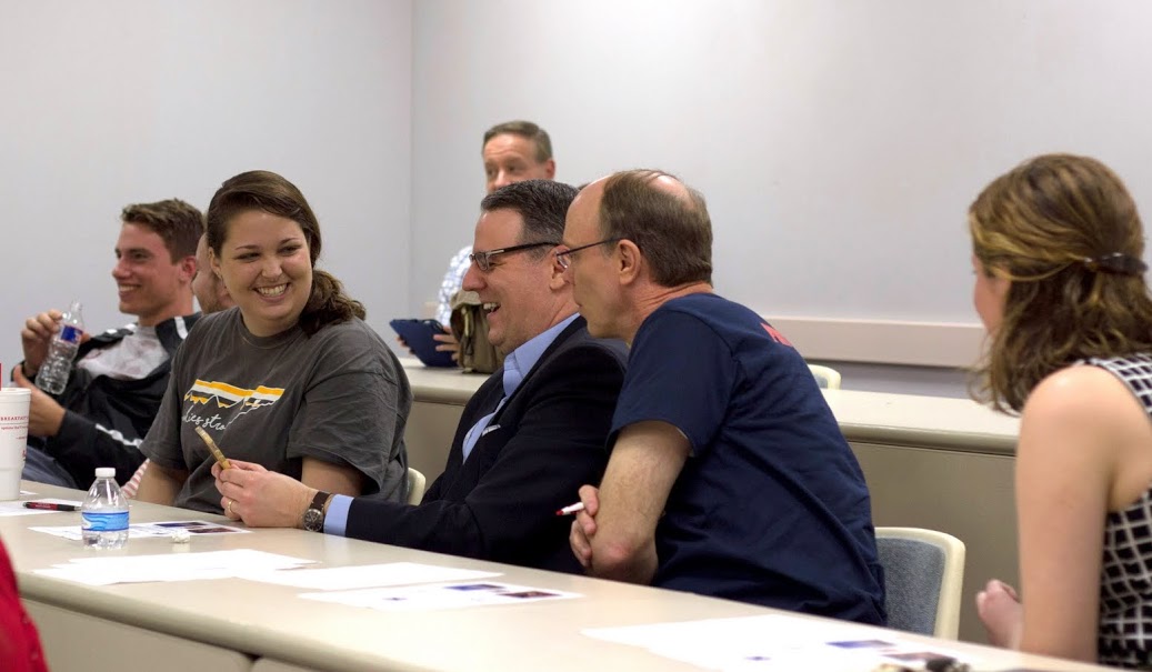 Phi Alpha Theta members enjoy a light moment at the Delta-Psi chapter's plenary meeting on February 20, 2017. They are (left to right) Stephen Lewoczko, Seth Reid (barely visible to the camera) Emily Littleton, Dr. Keith Bates, Robert Briley, and Beth Adams (back to camera). Photo by Morgan Morfe
