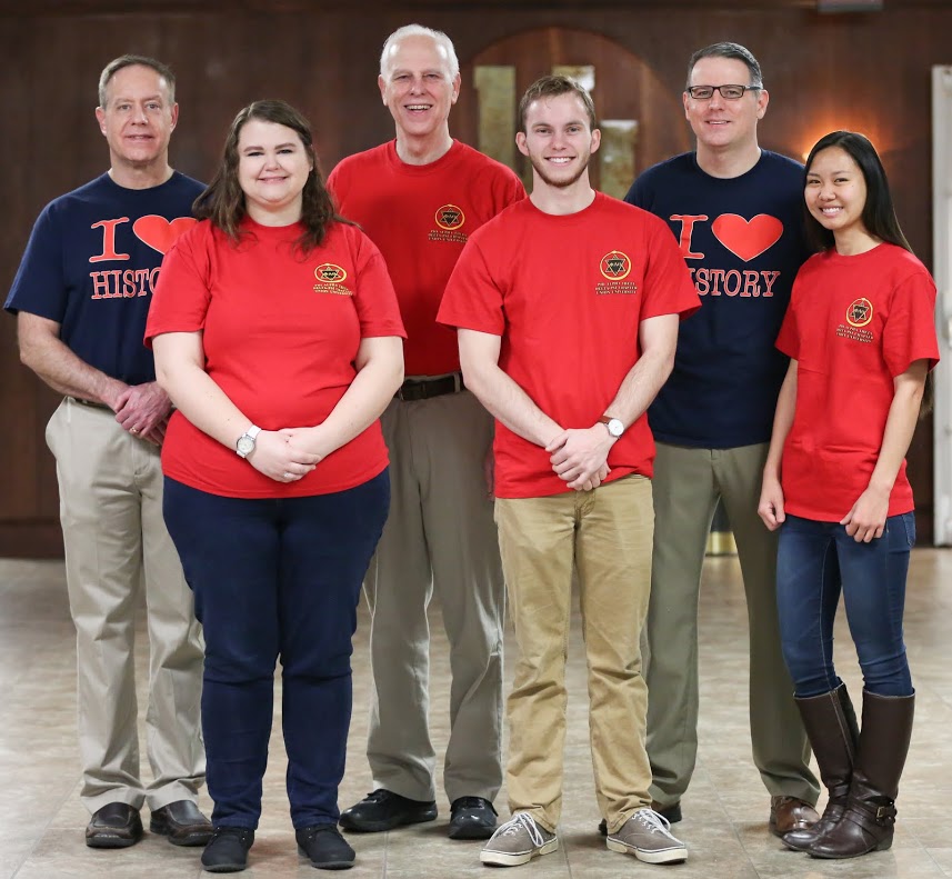 History faculty members stand with the 2017-2018 Phi Alpha Theta officers during the history department's spirit day on March 13, 2017. They are (left to right) Dr. Henry Allen, Jessica Barton (secretary), Dr. Stephen Carls, Seth Reid (president), Dr. Keith Bates, and Katherine Cheshire (vice president). Photo by Kristi Woody