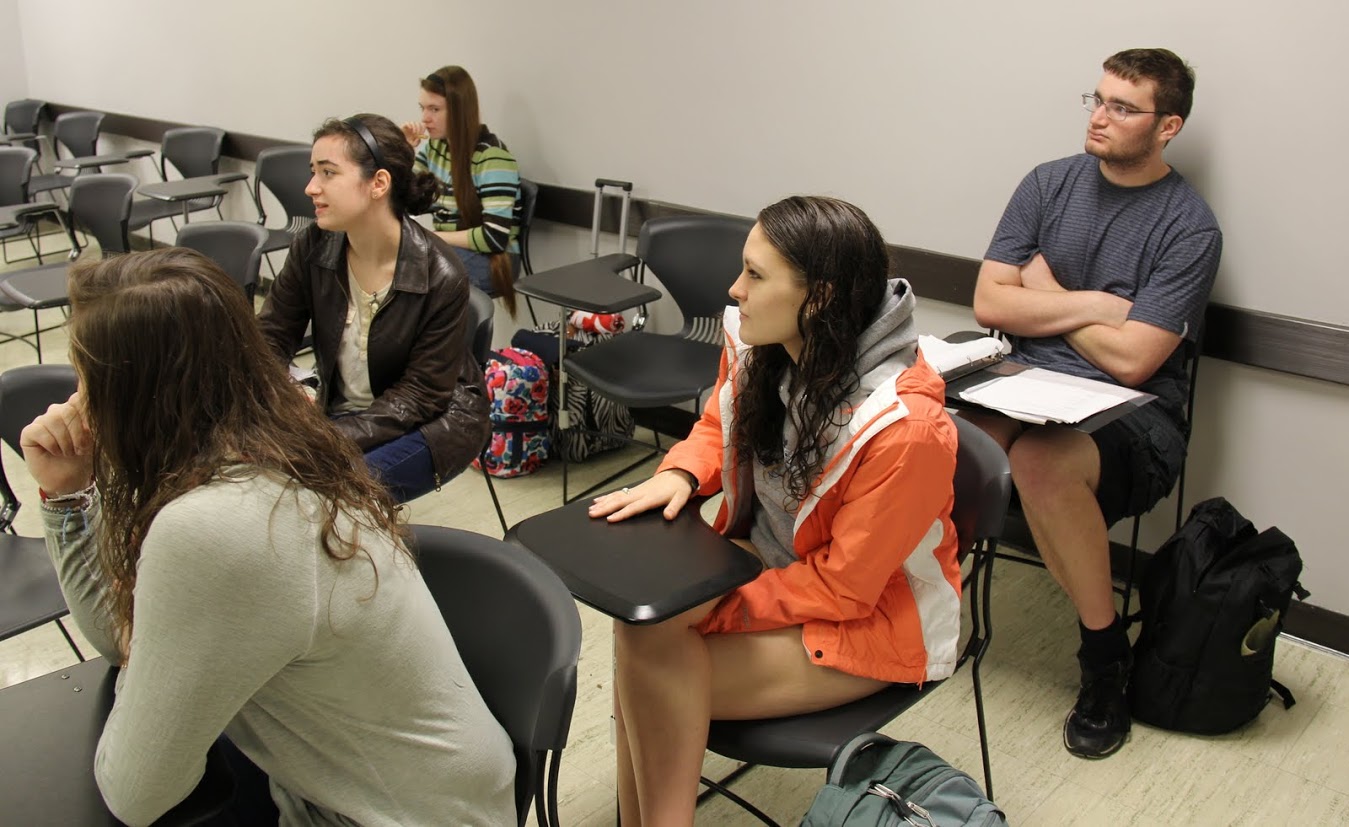 Rutledge Honorary History Club members listen during a discussion of potential 2017-2018 club officers at the organization's plenary meeting on March 27, 2017. Those pictured are: (front row, wearing white sweater) Haley Hathcock; (second row, left and right) Leah Atkins and Katie Allison; (back row left and right) Davina Norris and Miles Randall.