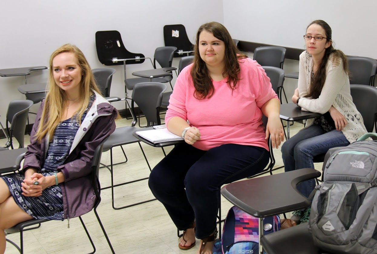 Rutledge Honorary History Club members listen as the topic of 2017-2018 club officers comes up during the club's plenary meeting on March 27, 2017. They are (left to right) Ali Renckens, Jessica Barton, and Lauren Butler.