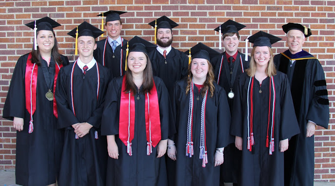 History majors and Phi Alpha Theta members join together for a photo prior to Union University's undergraduate commencement services on May 20, 2017. They are: (front row, left to right) Emily Littleton, Devin Dean, Jordan Sellers, Kathryn Mitchell, and Beth Adams; (back row, left to right) Stephen Lewoczko, Luke Parrett, Thomas Gray, and Dr. Stephen Carls.