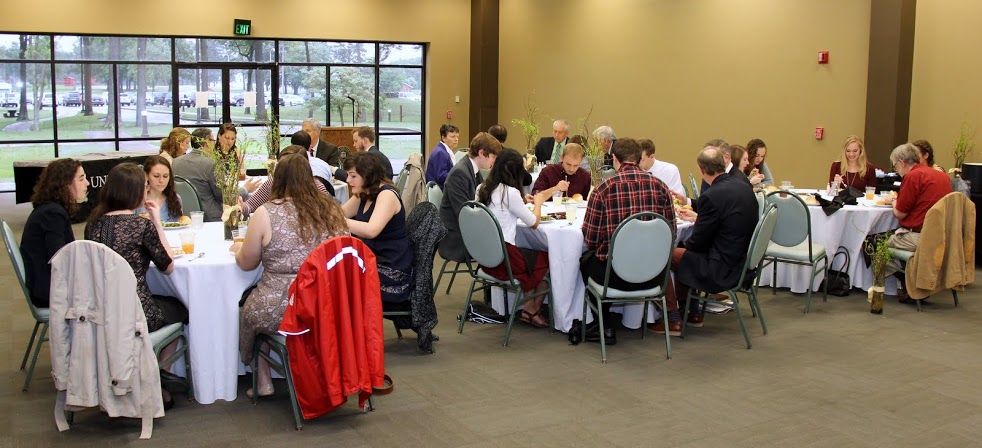 Attendees at the History Department Awards Banquet on May 4, 2017, enjoy food and fellowship together to begin the evening.