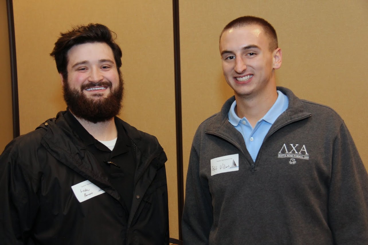 History majors Luke Parrett (left) and Jeff Williams enjoy themselves at the Teacher Appreciation Tea on May 4, 2017.