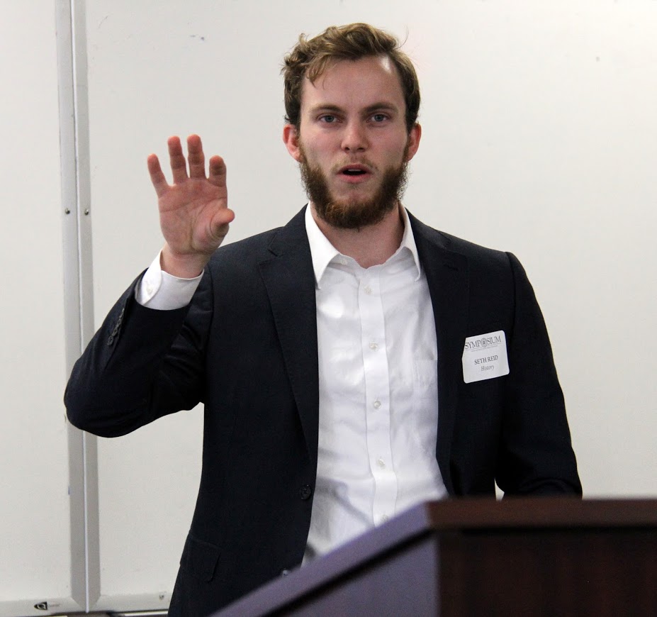 Senior history major Seth Reid talks about C. S. Lewis at the Union University Scholarship Symposium on April 24, 2018.