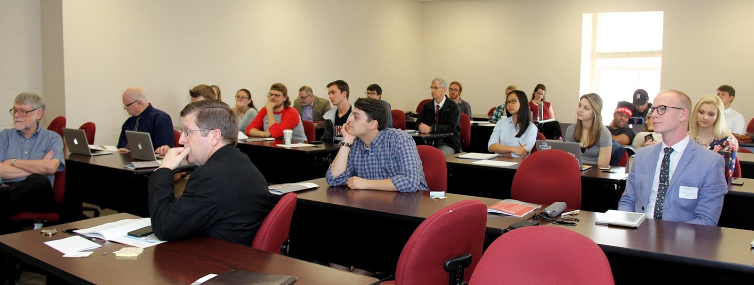 Attendees listen to Seth Reid respond to a question after his talk about C. S. Lewis at the Union University Scholarship Symposium on April 24, 2018.