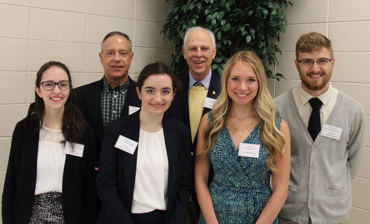 Attendees from Union University at the Arkansas Phi Alpha Theta Regional Conference join together for a photo at the beginning of the event on April 7, 2018. They are (left to right) Lauren Butler, Dr. Henry Allen, Leah Atkins, Dr. Stephen Carls, Ali Renckens, and Luke Sower.