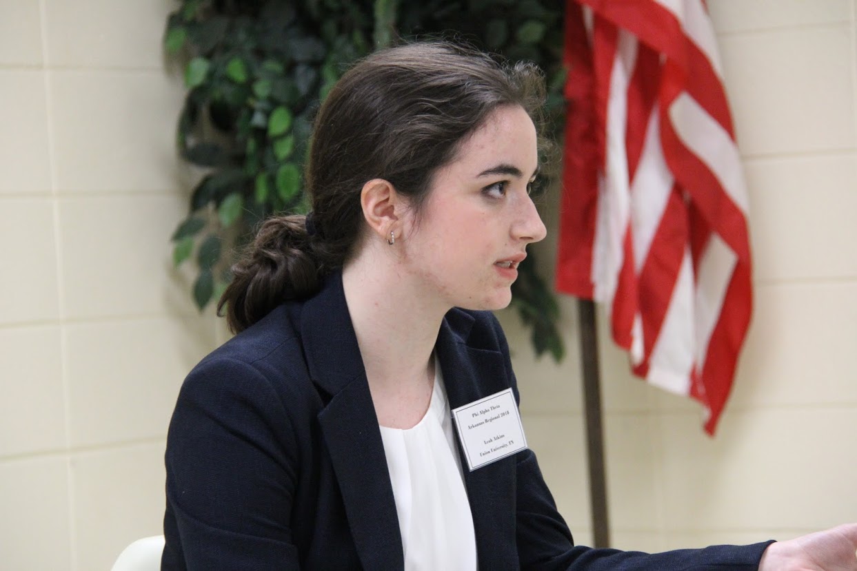 Leah Atkins answers a question about her paper Poisonous Women of Ancient Rome: A Literal and Metaphorical Contaminant during a panel on Perception and Power: Gender in History at the Arkansas Phi Alpha Theta Regional Conference on April 7, 2018.