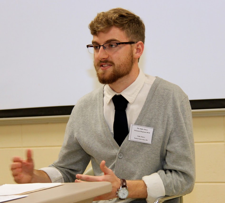 Luke Sower answers a question about his paper on Cortés' Dream to Regain the Glory of the Aztec Capital during the panel on Roads to Riches: Foreign Campaigns in Mexico at the Arkansas Phi Alpha Theta Regional Conference on April 7, 2018.