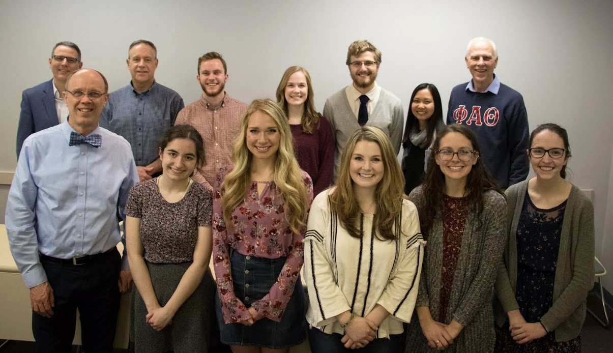 Phi Alpha Theta members take time for a group photo at the Delta-Psi chapter's spring plenary meeting on February 27, 2018. They are: (front row, left to right) Robert Briley, Leah Atkins, Ali Renckens, Alex Barger, Katie Allison, and Lauren Butler; (back row, left to right) Dr. Keith Bates, Dr. Henry Allen, Seth Reid, Megan Ledbetter, Luke Sower, Katherine Cheshire, and Dr. Stephen Carls. Photo by Janelle Vest