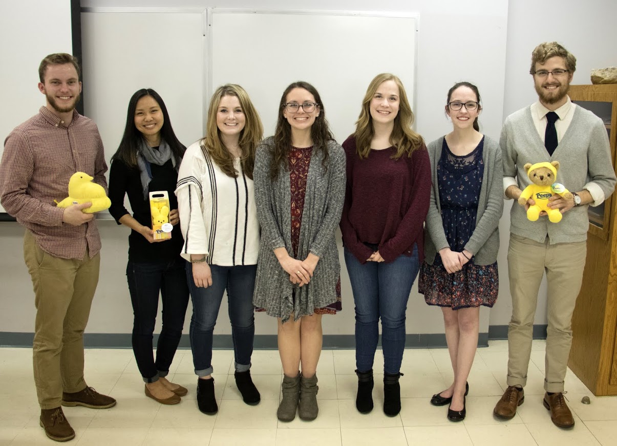 Current and incoming Delta-Psi chapter officers stand together at the Phi Alpha Theta spring plenary meeting on February 27, 2018. They are (left to right): 2017-2018 officers Seth Reid (president) and Katherine Cheshire (vice president); 2018-2019 officers Alex Barger (senator), Katie Allison (senator), Megan Ledbetter (secretary), Lauren Butler (president), and Luke Sower (vice president).