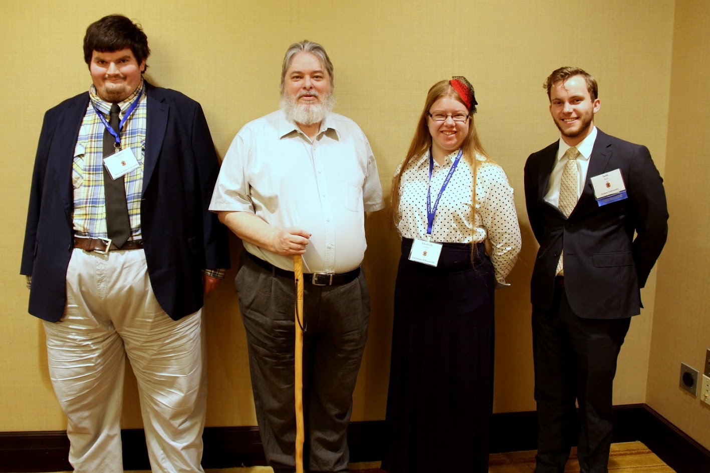 Members of the student panel Literature at the Phi Alpha Theta Biennial Convention in New Orleans stand together prior to their panel presentations on January 6, 2018. They are (left to right) Samuel Miller (Murray State University), Dr. Joe Jackson Frazer (panel chair, Judson College), Elizabeth Niedbala (University of Evansville), and Seth Reid (Union University).