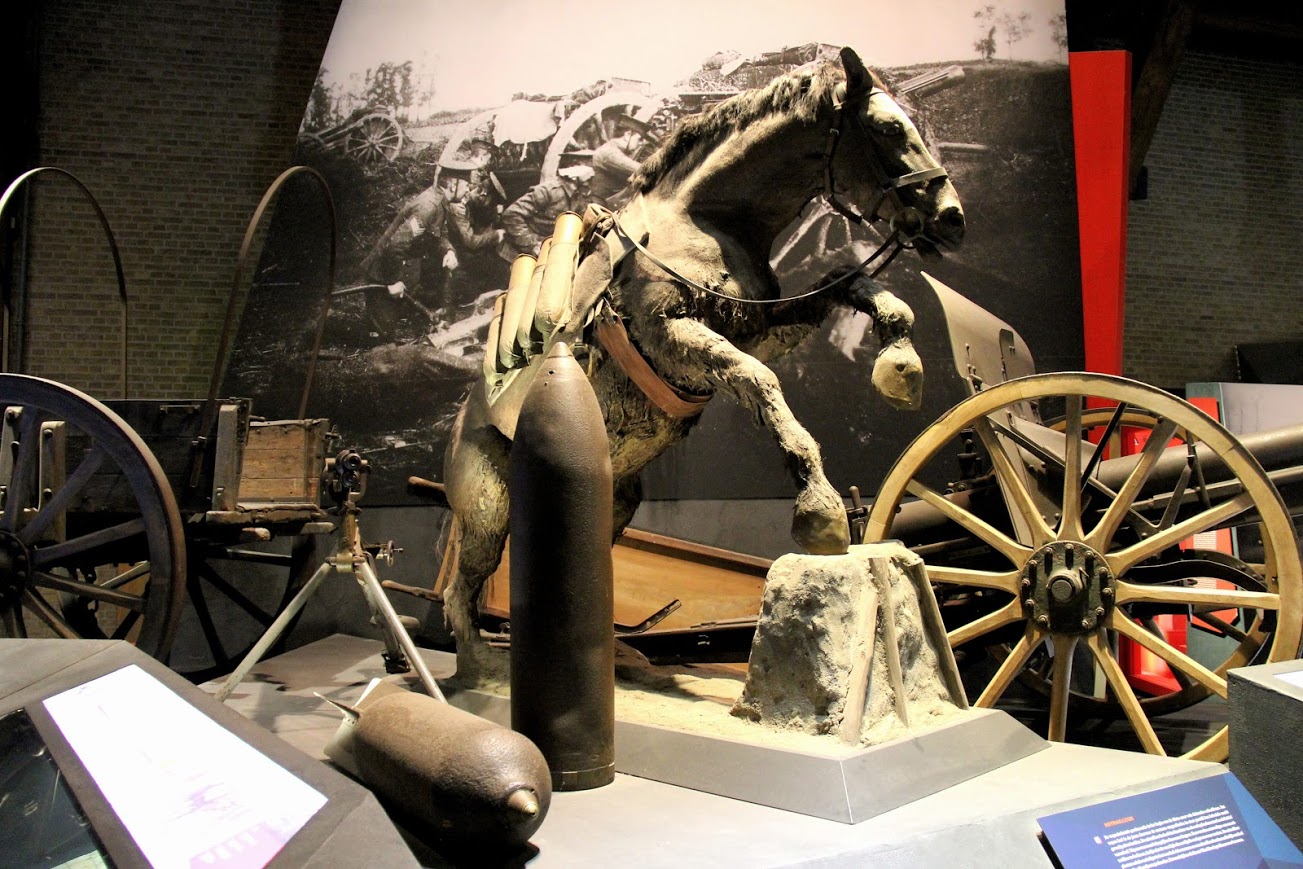 A horse carrying artillery shells is one of the main displays at the In Flanders Fields Museum in Ypres, Belgium. The World War I tour group explored the museum on May 24, 2018.