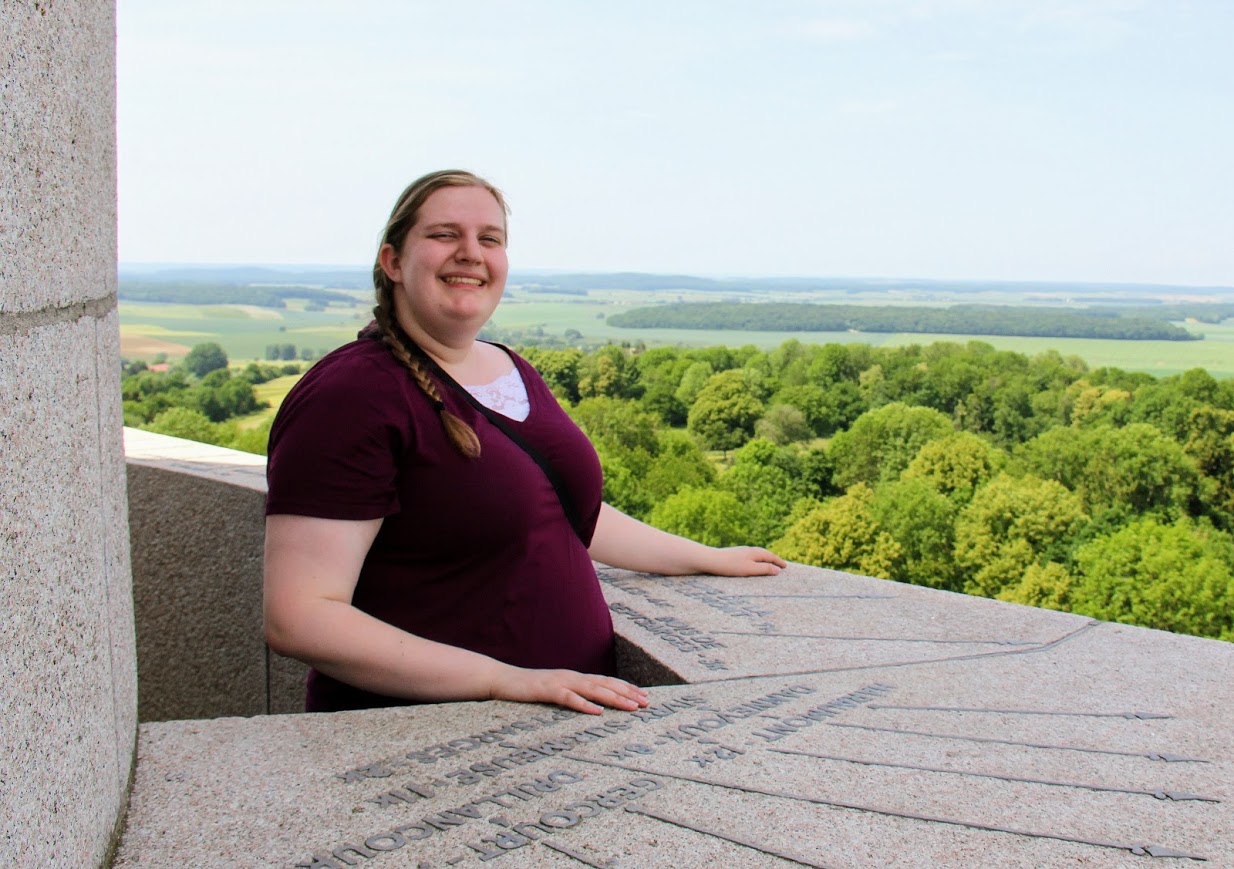 Union student Susannah Murphine stands atop the Meuse-Argonne American Memorial near the township of Montfaucon, France, on May 26, 2018. The memorial is situated 20 miles northwest of Verdun.