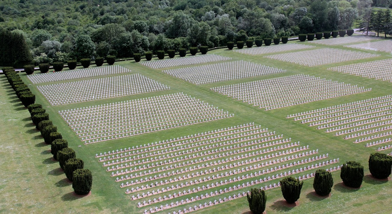 Thirteen thousand crosses mark the graves of French soldiers in the cemetery in front of the Douaumont Ossuary at Verdun. The UU-UTM travel group visited the cemetery and ossuary on May 27, 2018.
