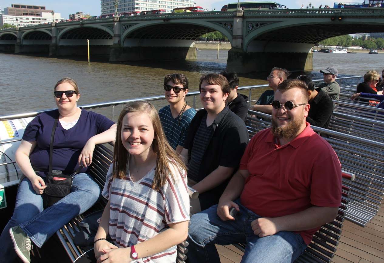 Students enjoy a boat ride on the Thames River in London on May 22, 2018. They are: (front row) Susannah Murphine and Ansley Moore; (second row) Samuel Walgren, Micah Pinkley, and Alex Carr.