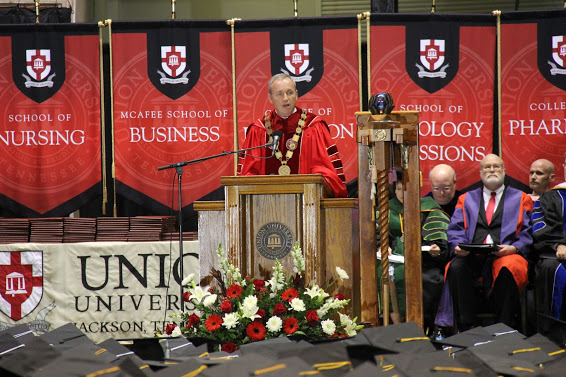 Union University President Dr. Samuel W. Dub Oliver welcomes attendees to the undergraduate commencement at the Oman Arena on May 19, 2018.