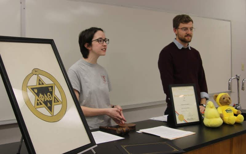 Delta-Psi Chapter President Lauren Butler begins the chapter's business meeting on February 26, 2019. Vice President Luke Sower is on the left. Photo by Sarah Goff