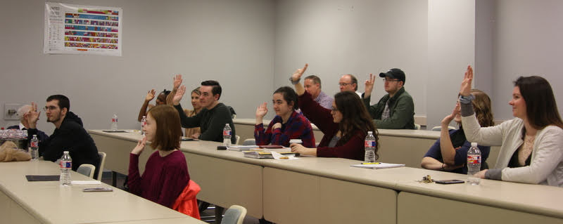 Phi Alpha Theta members vote unanimously for Luke Sower to be the 2019-2020 Delta-Psi chapter president at their plenary meeting on February 26, 2019. Photo by Sarah Goff