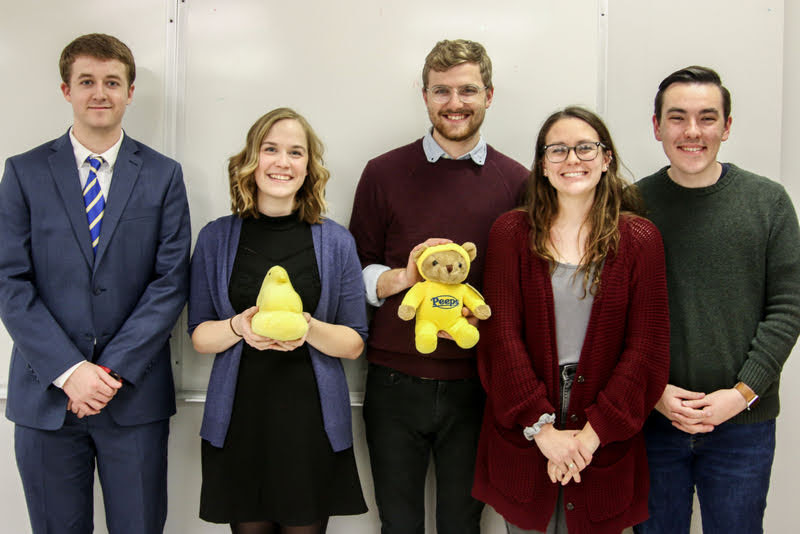 The Delta-Psi chapter's officers for 2019-2020 join for a photo at the Phi Alpha Theta plenary meeting on February 26 plenary meeting. They are (left to right) Reagan Smith (secretary), Megan Ledbetter (vice president), Luke Sower (president), Katie Allison (senator), and Mac Hazlerig (senator). Photo by Sarah Goff