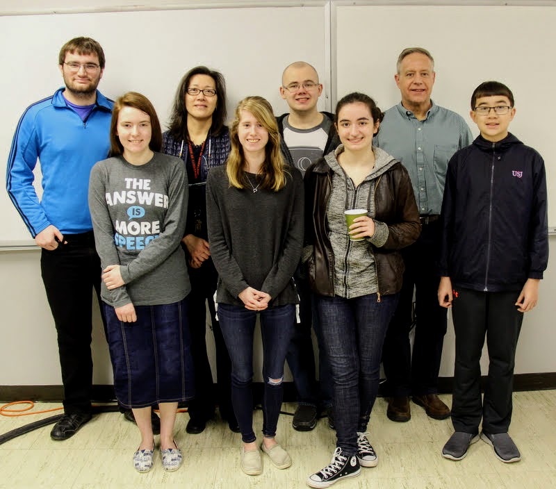 Attendees at the Rutledge Honorary History Club's spring plenary meeting on March 18, 2019, stand together for a photo. They are (left to right) Miles Randolph, Davina Norris, Haelim Allen, Taylor Brown, Will Choate, Leah Atkins, Dr. Henry Allen, and Matthew Allen. Photo by Dr. Stephen Carls