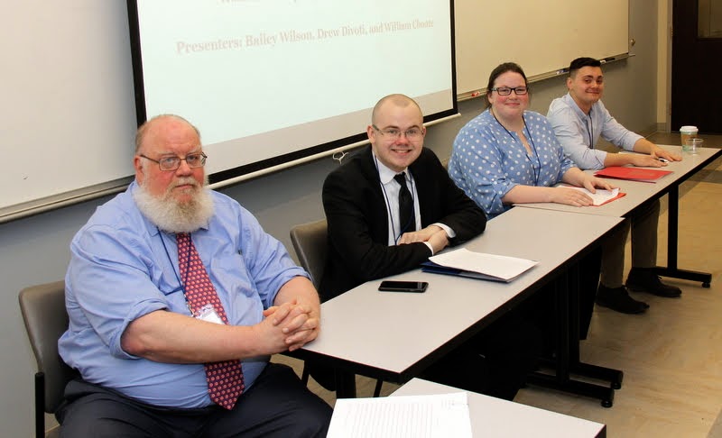 Union University student Will Choate (second from left) sits with other members of his panel titled Political Ideas in Action at the Tennessee Phi Alpha Theta Regional Conference on March 30, 2019. Other members of the panel are: (left to right) Dr. Joseph Byrne (Belmont University), the panel chair; Bailey Wilson (University of Tennessee at Martin); and Drew Devoti (Tusculum University).