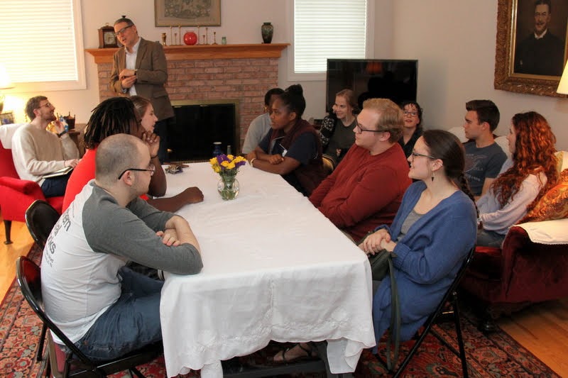 Attendees at the 27th Annual Phi Alpha Theta/History Department Cookout on May 11, 2019, engage in conversation while waiting for the meal to begin. Sitting around the table are (going clockwise, starting on the left) Will Choate, Trey Hall, Addison Osborne, Tranae Newsome, Nathan Heatherly, and Katie Allison.