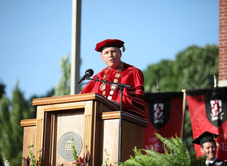 Union University President Dr. Samuel W. Dub Oliver welcomes attendees to the school's undergraduate commencement on May 18, 2019. Photo by Kristi Woody