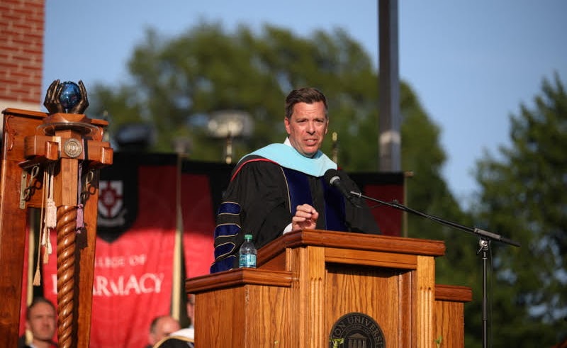 Dr. Brent D. Ellis, president of Spring Arbor University in Michigan, delivers Union's spring undergraduate commencement address titled Announcing Charlie on May 18, 2019. Photo by Kristi Woody